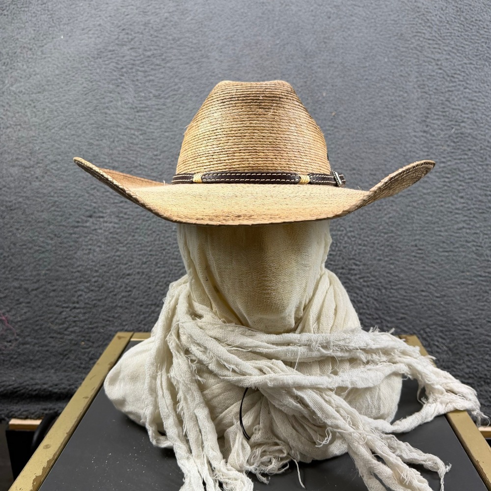 Stetson Burnt Texas Straw Cowboy Hat Tan Brown Leather Band Size 7 1/8 Mexico